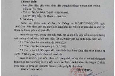 Biên bản kết thúc công khai thông tin chất lượng giáo dục Tiểu học thực tế năm học 2022-2023 theo Thông tư 36/2017/TT-BGDĐT